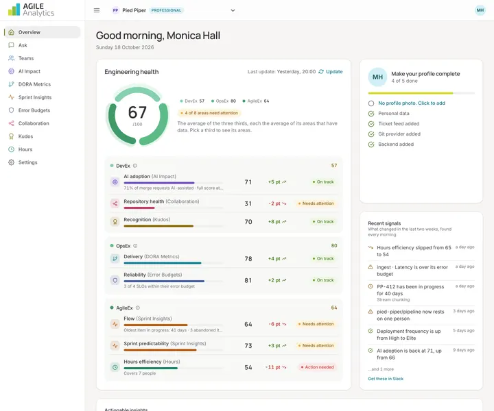 Agile Analytics, pagina Overview: desktopweergave, licht thema